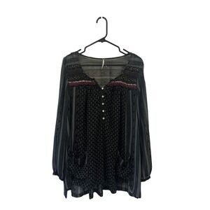Free People Black Patterned Beaded Tunic Top Long Sleeve Women Medium Sheer Boho